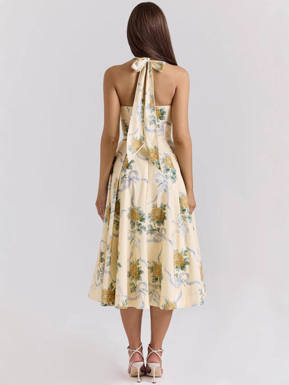 Stylish Floral Print Halter Neck Summer A-Line Dress