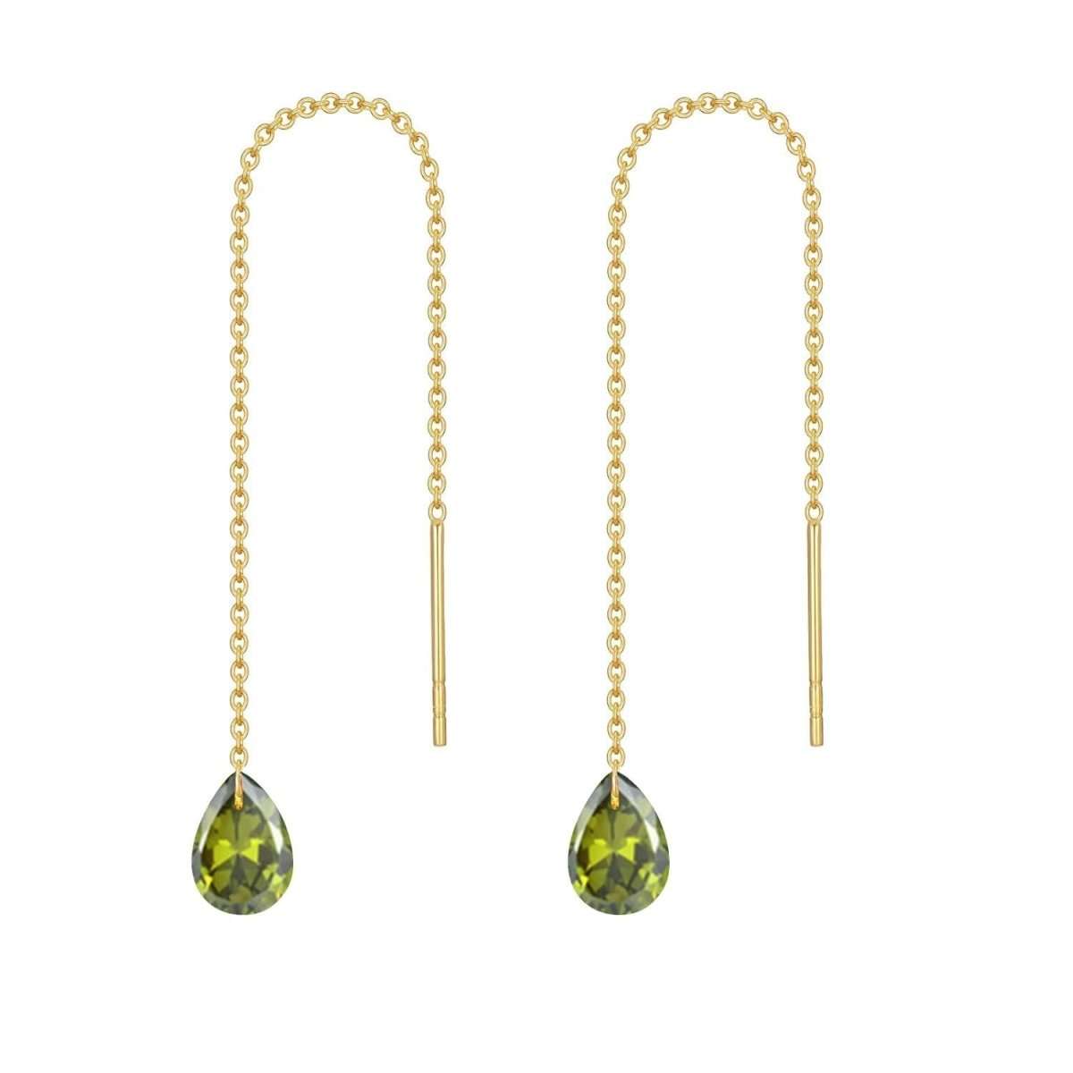 Elegant 14K gold threader earrings with simulated emerald birthstones for sensitive ears and everyday wear
