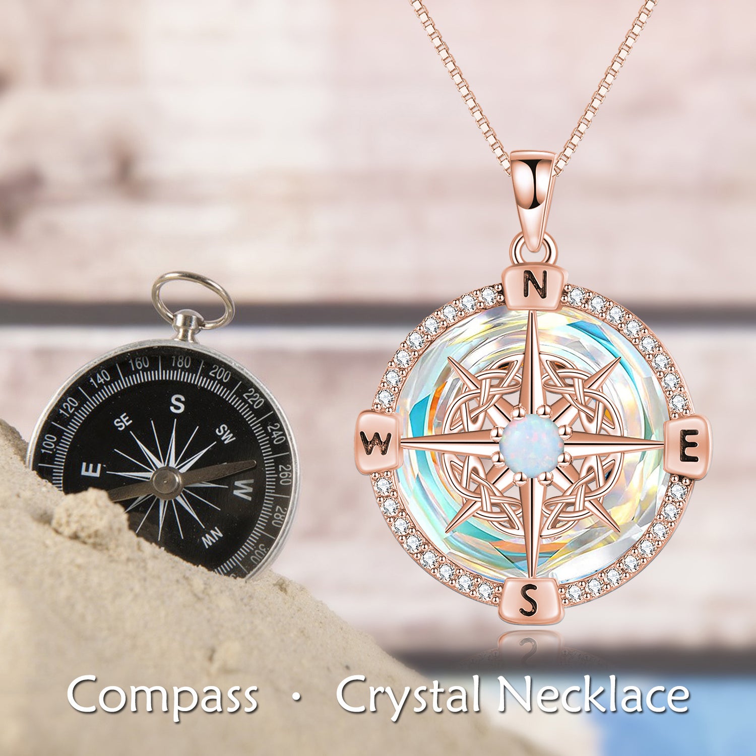 925 Sterling Silver Opal Compass Necklace with Zircon