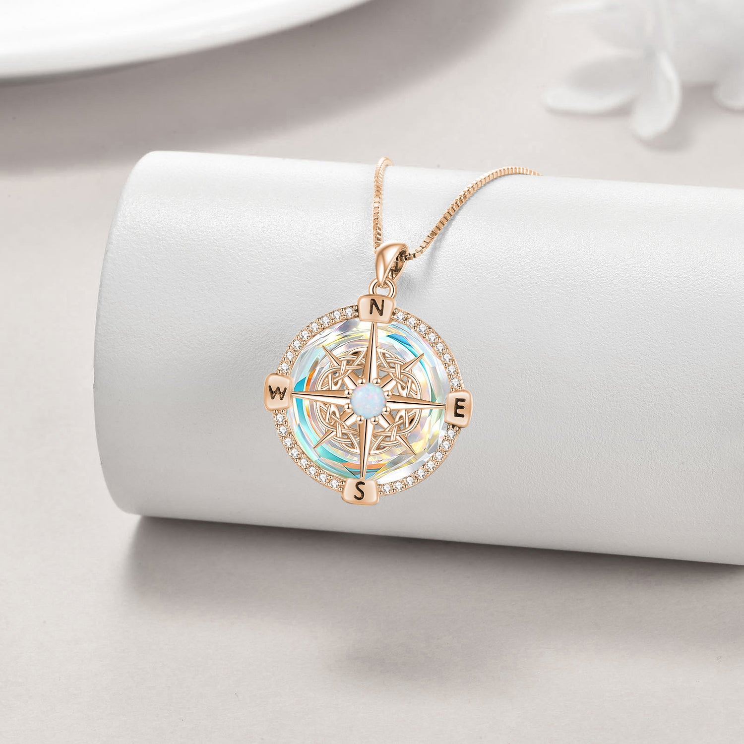 925 Sterling Silver Opal Compass Necklace with Zircon