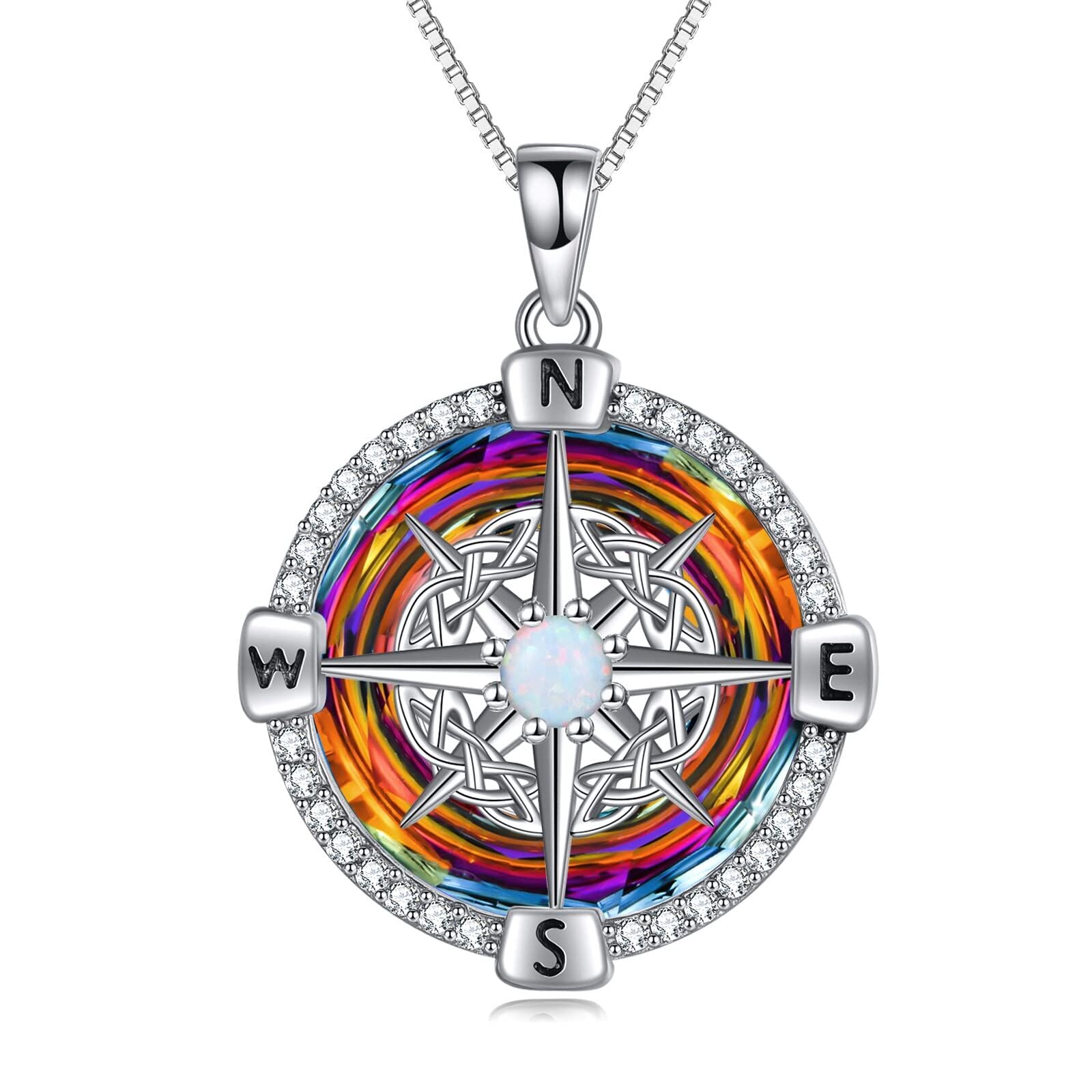 925 Sterling Silver Opal Compass Necklace with Zircon