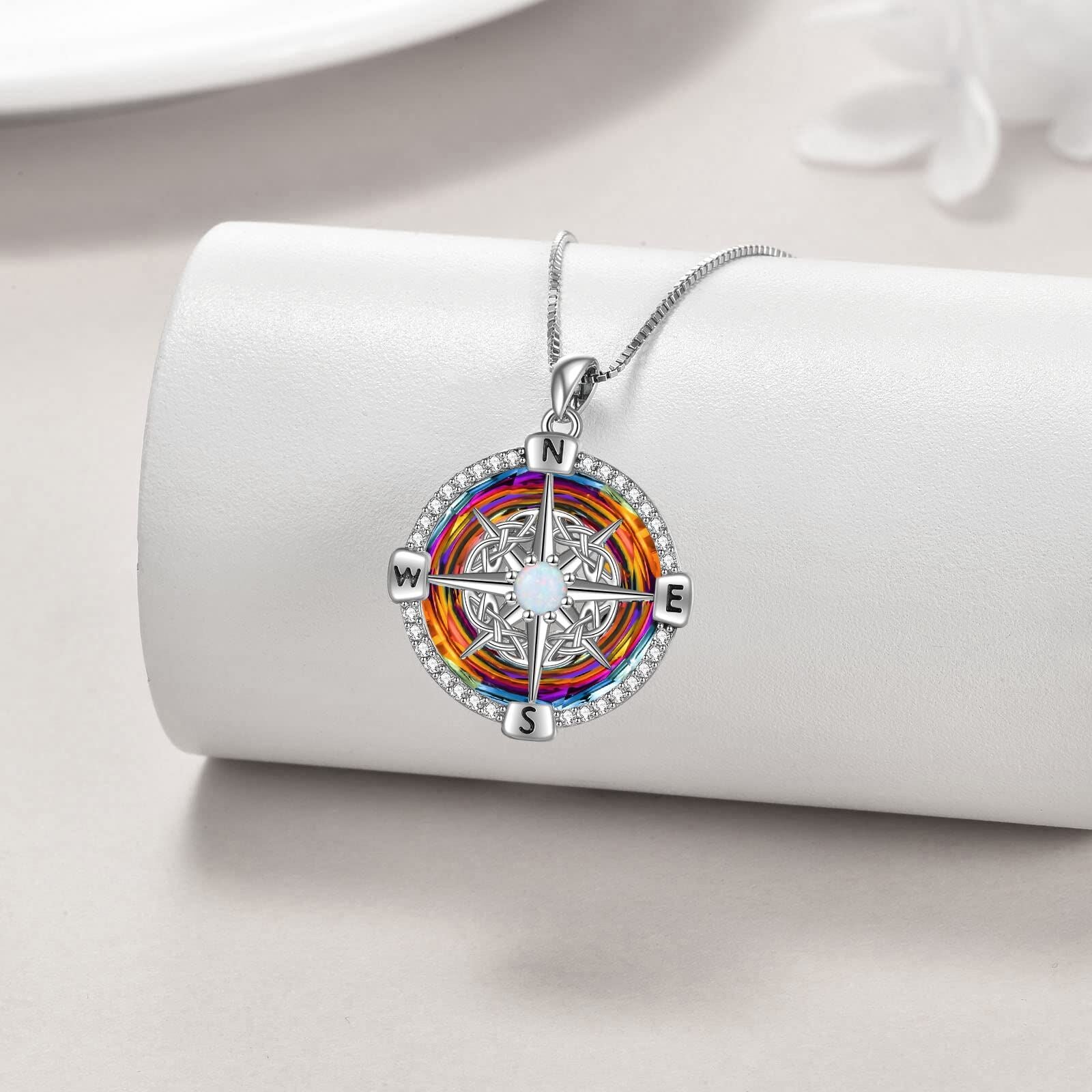 925 Sterling Silver Opal Compass Necklace with Zircon