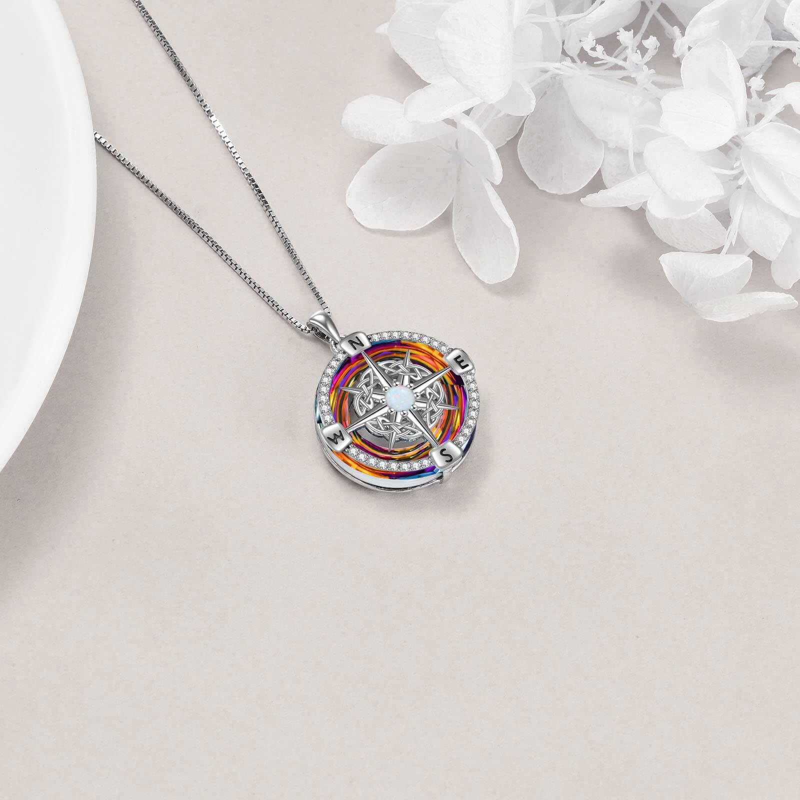 925 Sterling Silver Opal Compass Necklace with Zircon