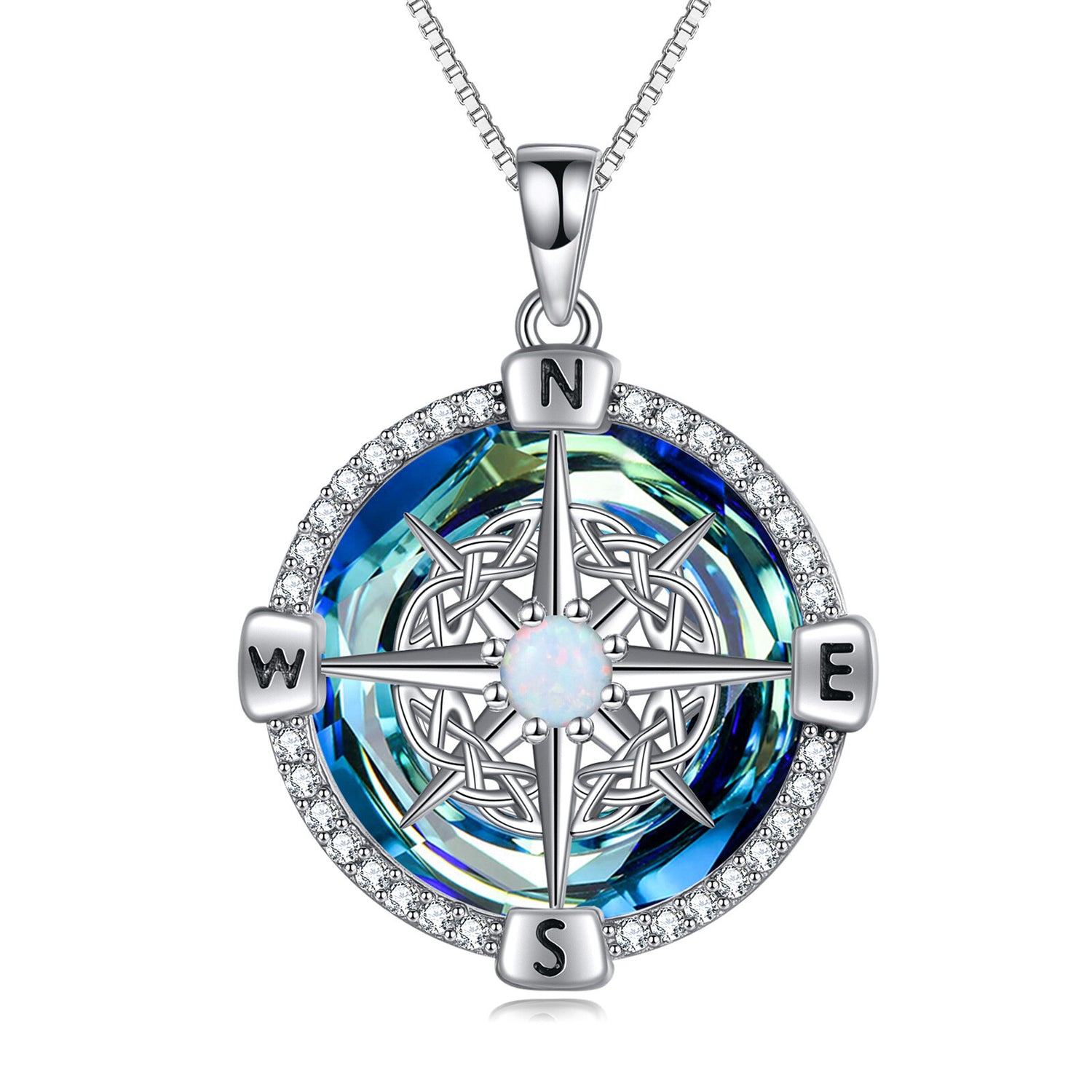 925 Sterling Silver Opal Compass Necklace with Zircon
