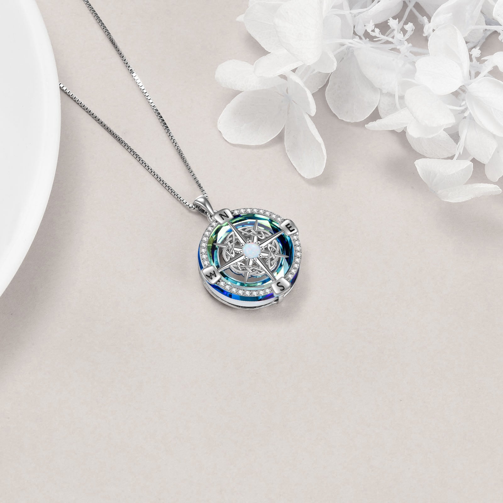 925 Sterling Silver Opal Compass Necklace with Zircon