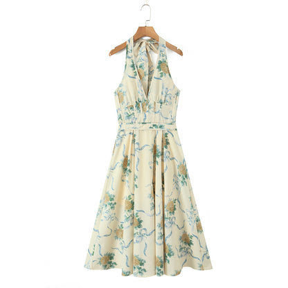 Stylish Floral Print Halter Neck Summer A-Line Dress