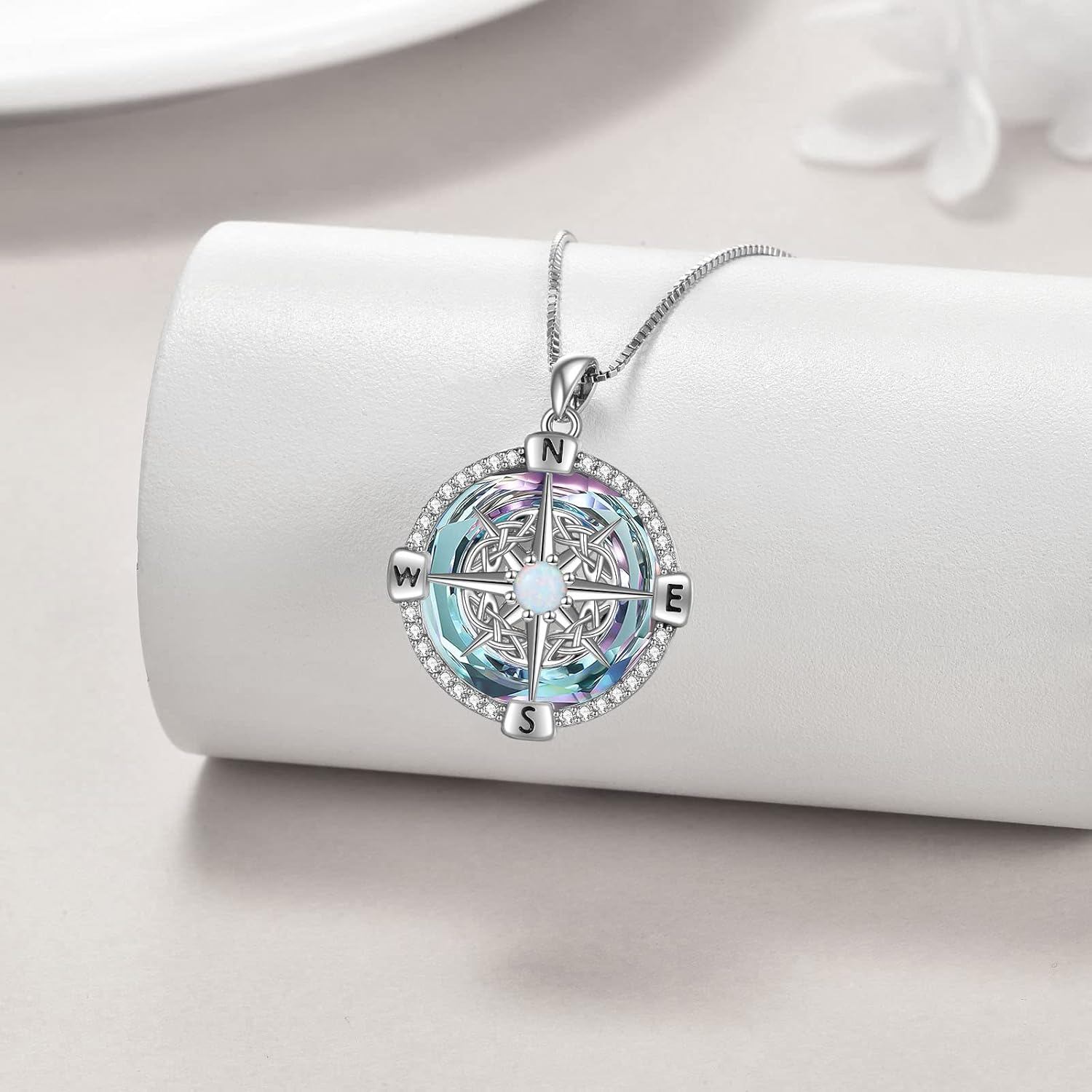 925 Sterling Silver Opal Compass Necklace with Zircon