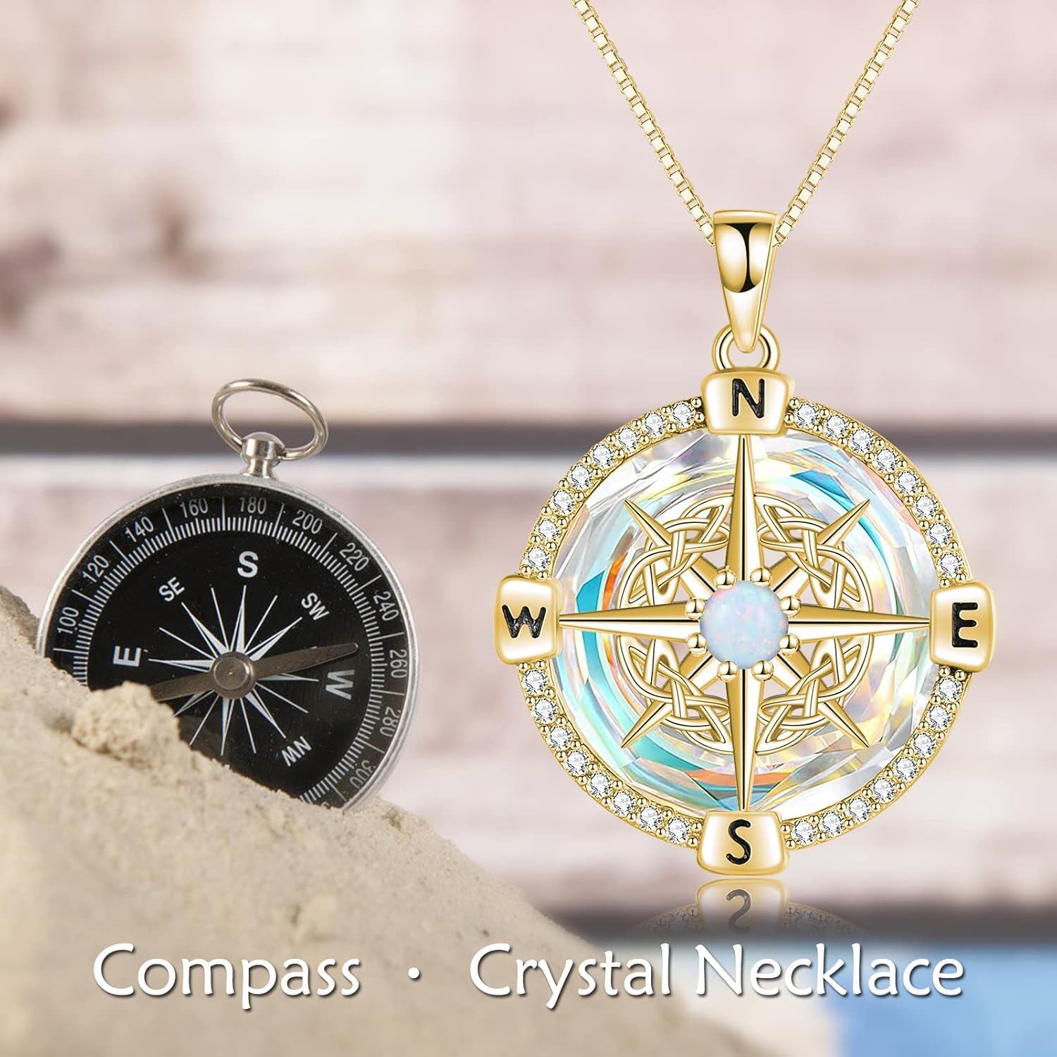 925 Sterling Silver Opal Compass Necklace with Zircon