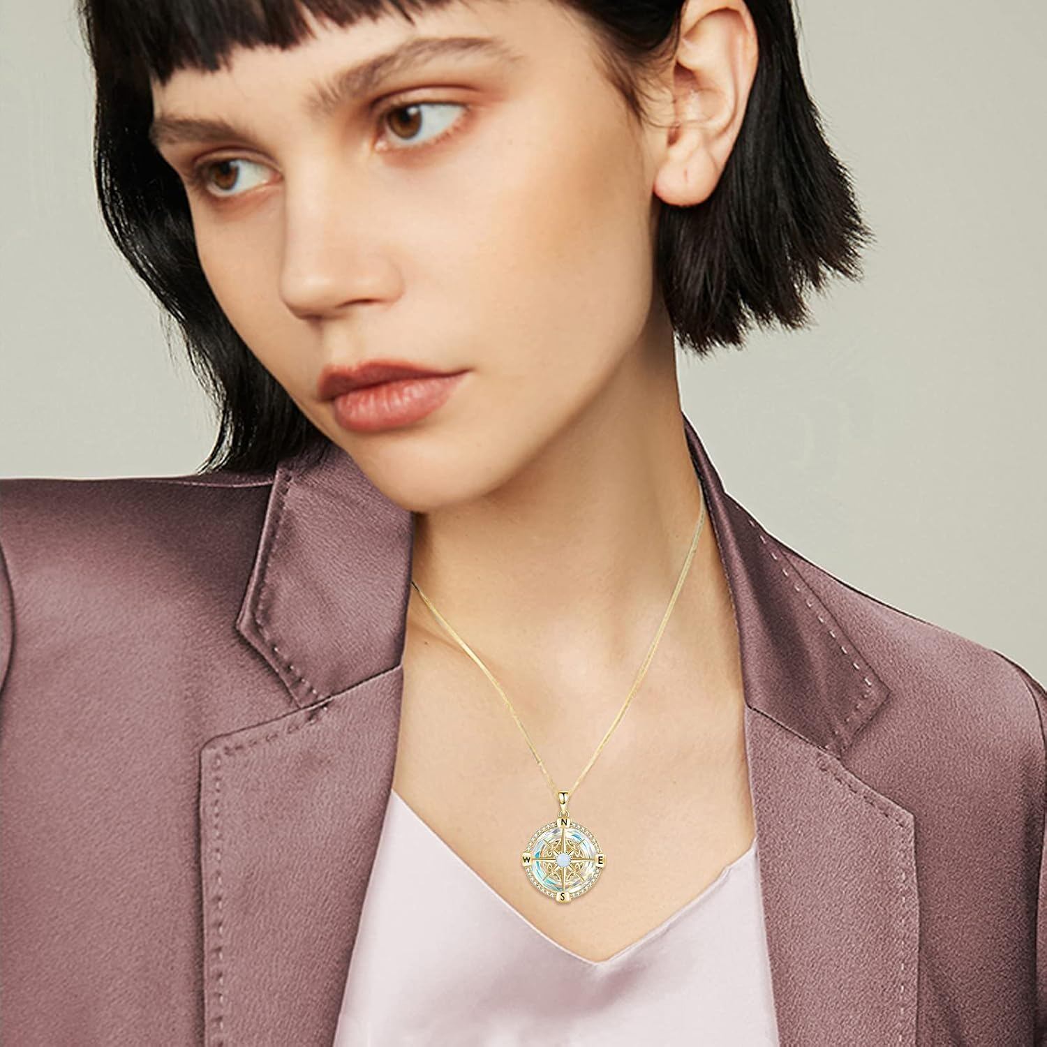 925 Sterling Silver Opal Compass Necklace with Zircon