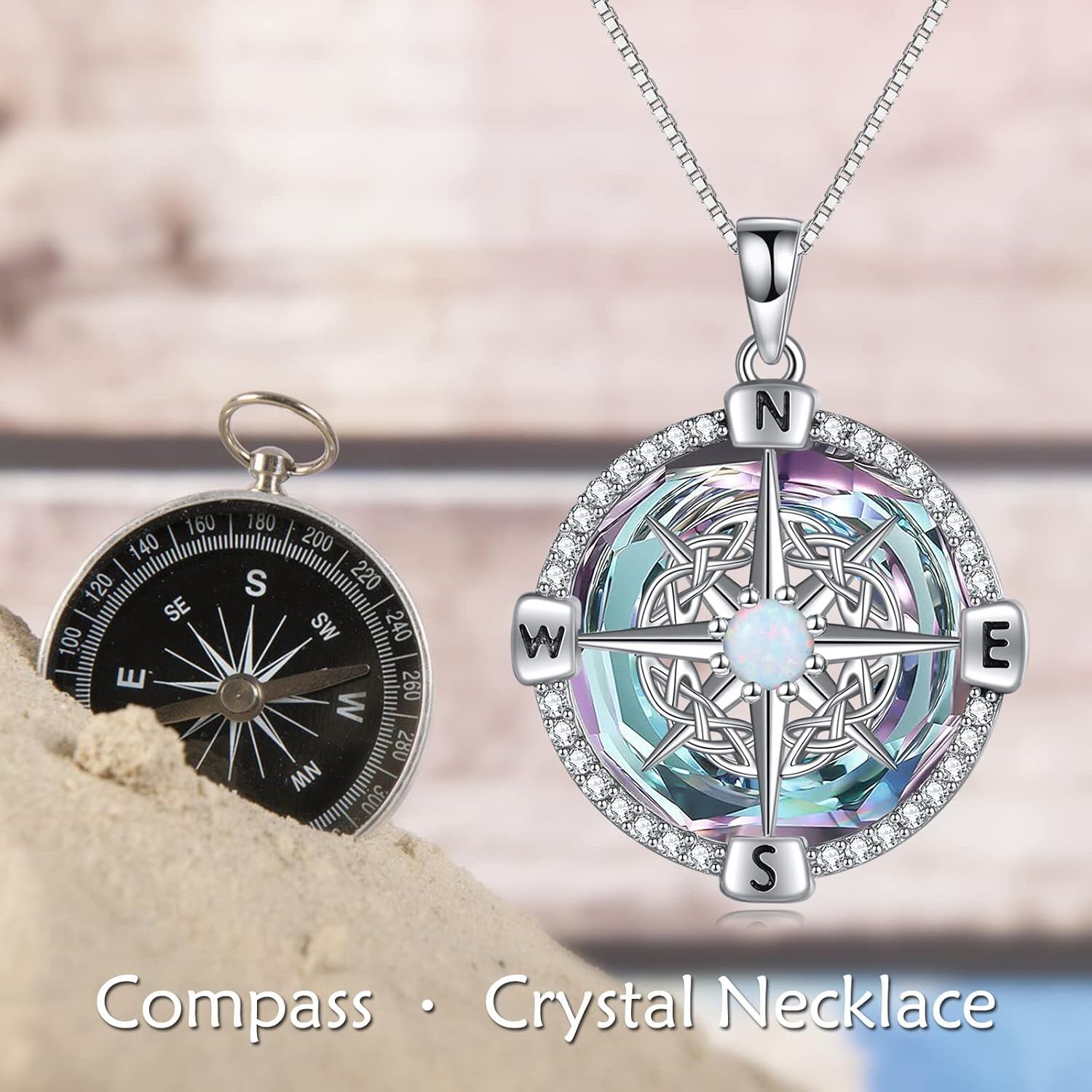 925 Sterling Silver Opal Compass Necklace with Zircon