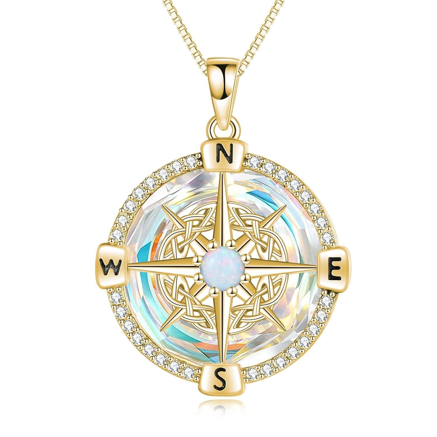 925 Sterling Silver Opal Compass Necklace with Zircon