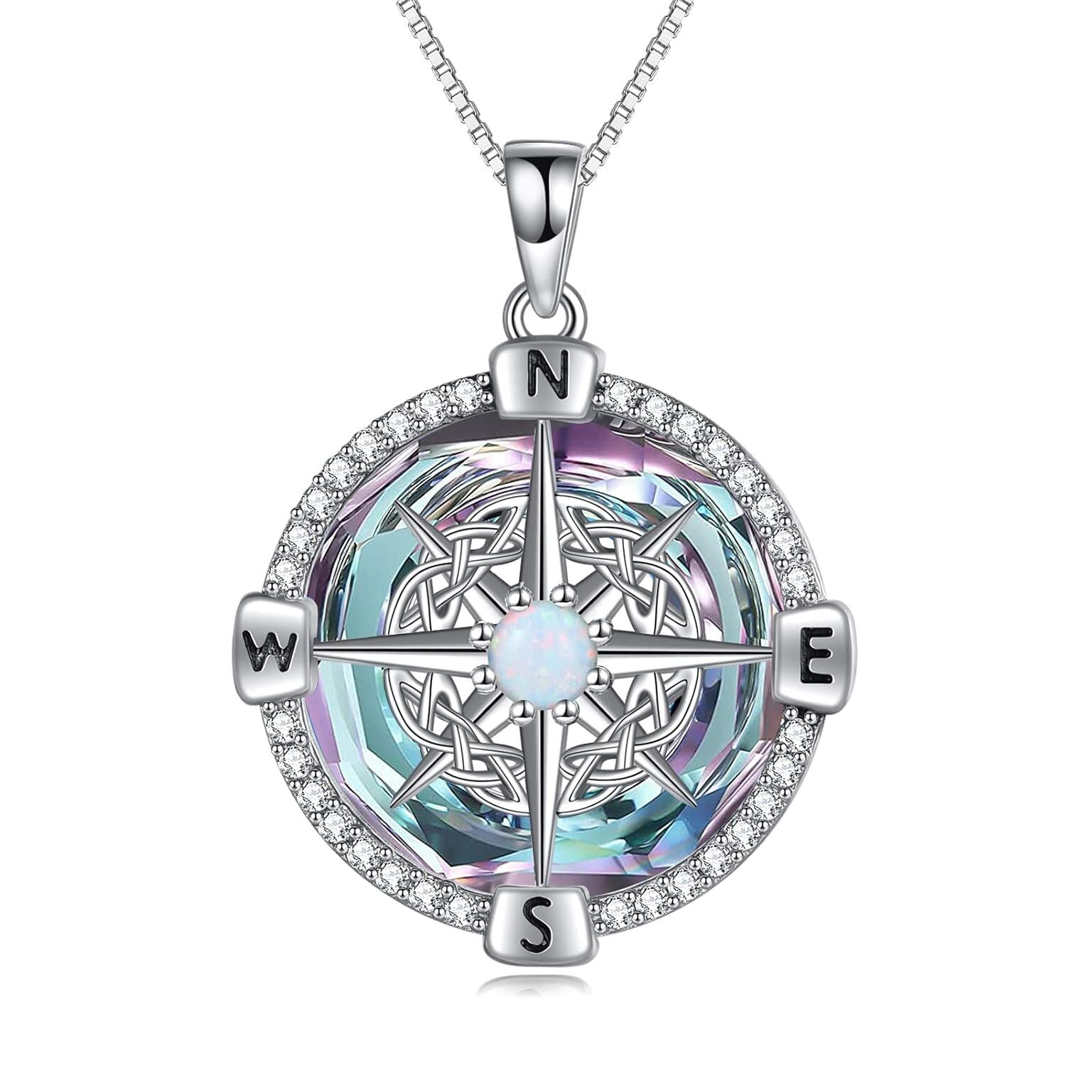 925 Sterling Silver Opal Compass Necklace with Zircon