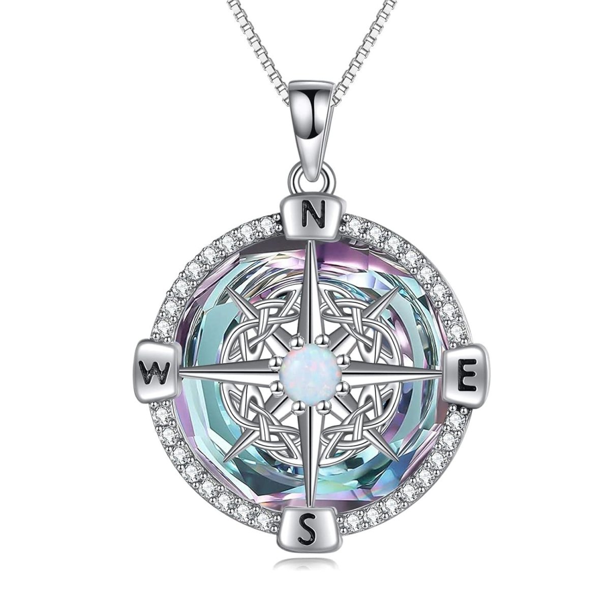 925 Sterling Silver Opal Compass Necklace with Zircon - Yourstylesite