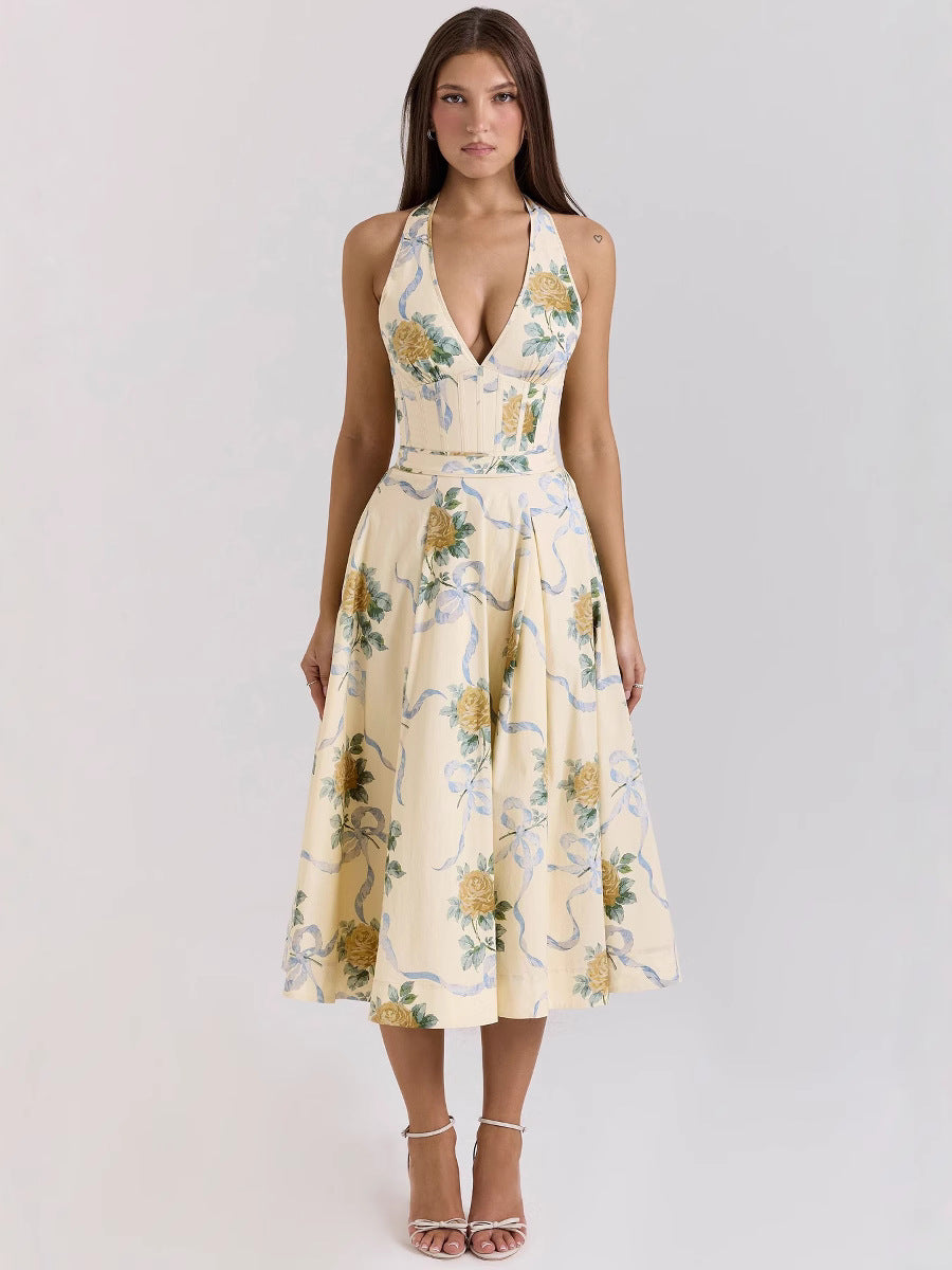Stylish Floral Print Halter Neck Summer A-Line Dress