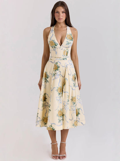 Stylish Floral Print Halter Neck Summer A-Line Dress