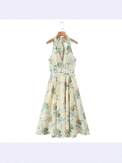 Stylish Floral Print Halter Neck Summer A-Line Dress