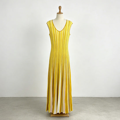 Chic Commuter Long Dress in yellow with vertical stripes, sleeveless V-neck, pleated polyester-cotton blend fabric for elegant everyday wear