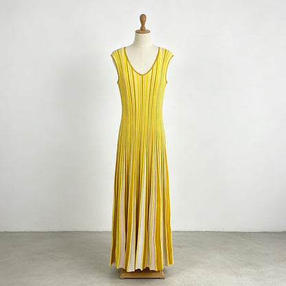 Chic Commuter Long Dress in yellow polyester-cotton blend with vertical stripes and pleated long skirt for elegant everyday style