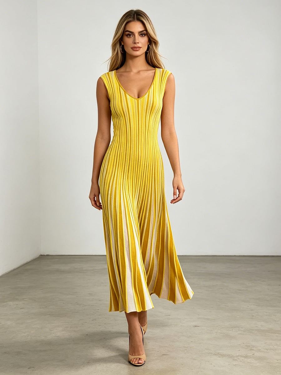 Chic Commuter Long Dress in yellow with vertical stripes, sleeveless V-neck design, and pleated long skirt for elegant style