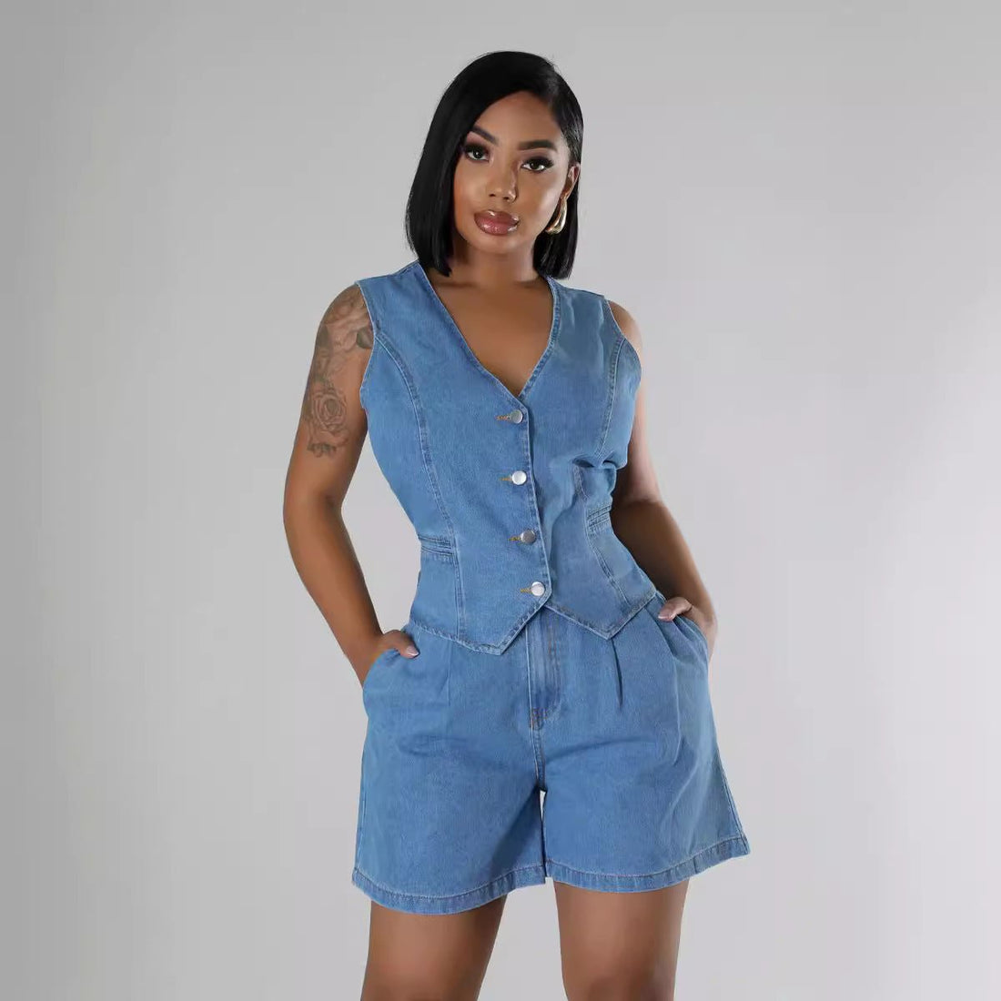 Chic Denim Two - Piece Sleeveless High - Waist Shorts Set for Women - Yourstylesite