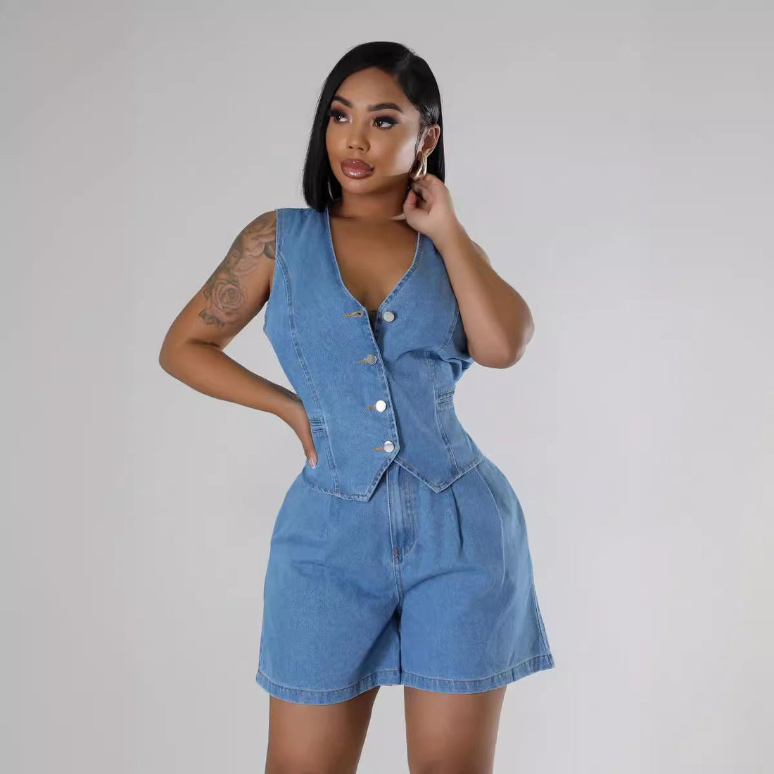 Chic Denim Two - Piece Sleeveless High - Waist Shorts Set for Women - Yourstylesite