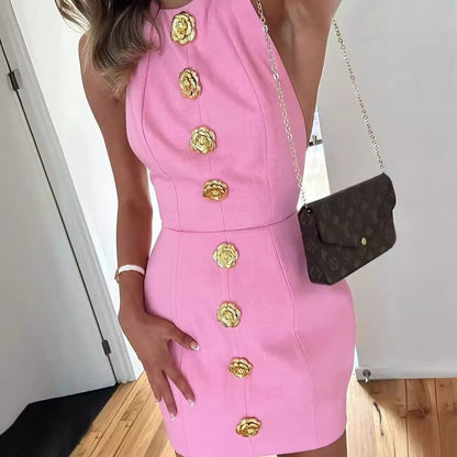 Chic Sleeveless Backless Summer Dress with Rose Button Design – Women&