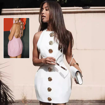 Chic Sleeveless Backless Summer Dress with Rose Button Design – Women&