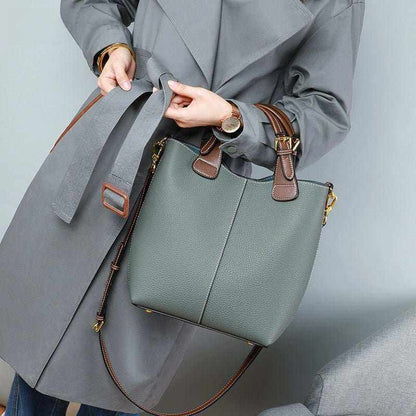 Gray genuine leather large-capacity crossbody bag with brown handles and detachable strap, stylish for women