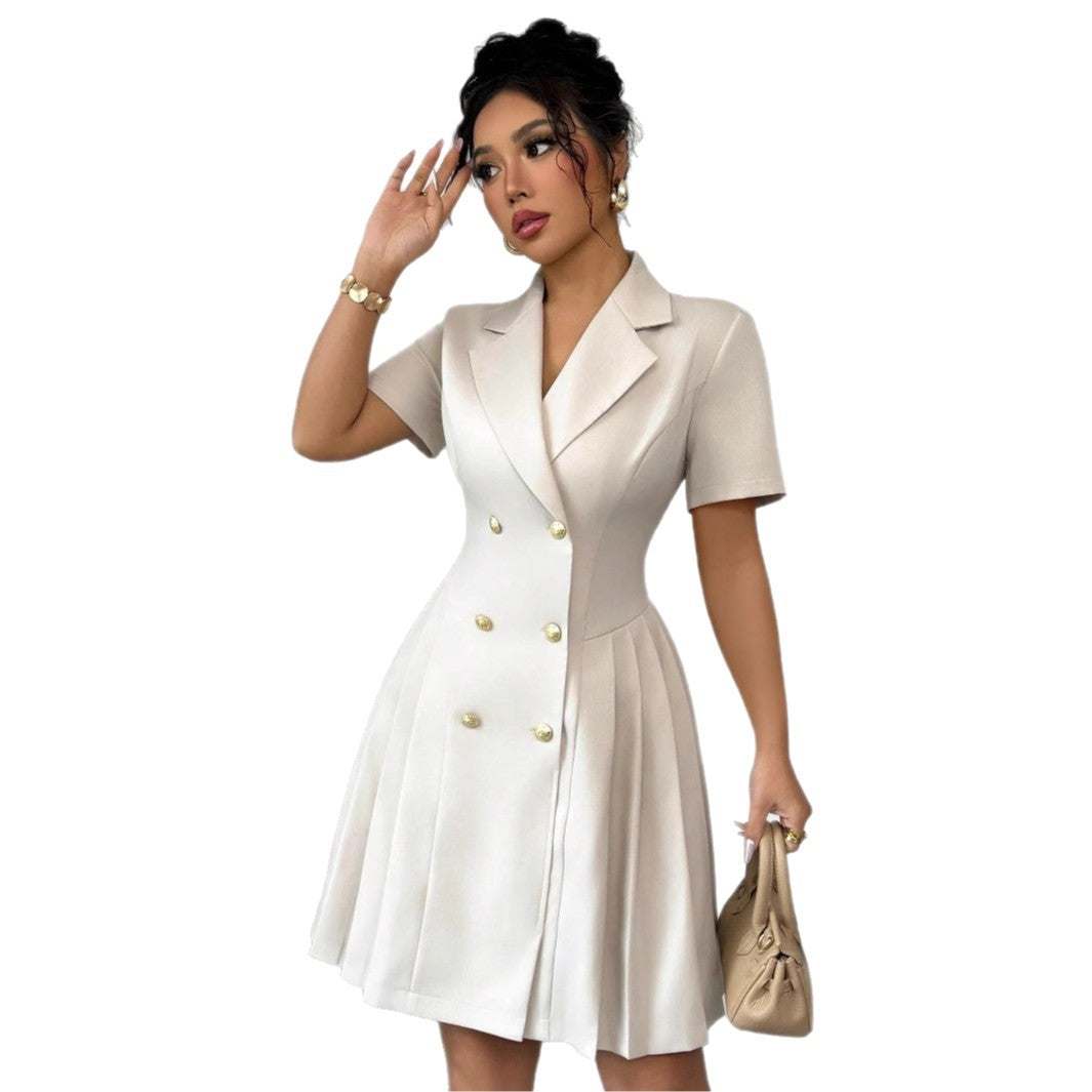Double-Breasted Short Sleeve elegant beige dress with structured waist, suit collar, and gold buttons, pleated skirt