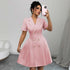 Pink tailored Double-Breasted Short Sleeve dress with short sleeves, suit collar, and pleated skirt detail