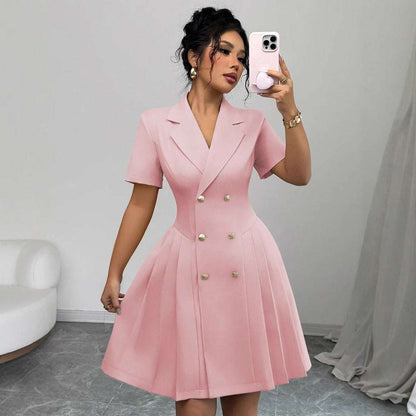 Double-Breasted Short Sleeve pink dress with a tailored high waist, suit collar, and pleated skirt in smooth triacetate fabric