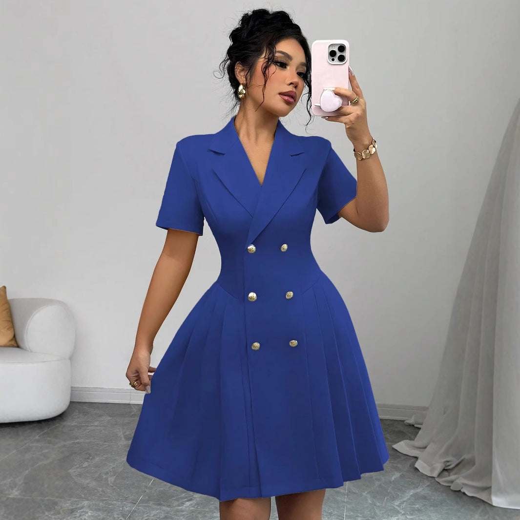 Double-Breasted Short Sleeve royal blue dress with structured collar, high waist, and gold-tone buttons