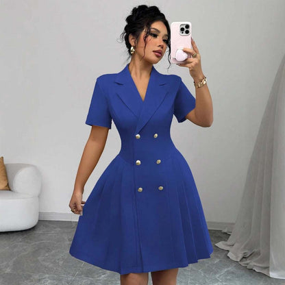 Double-Breasted Short Sleeve royal blue dress with structured collar, high waist, and gold-tone buttons