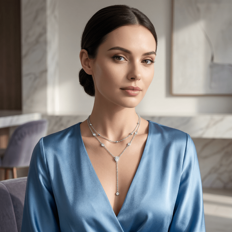 Elegant double chain sterling silver necklace with CZ pear drop