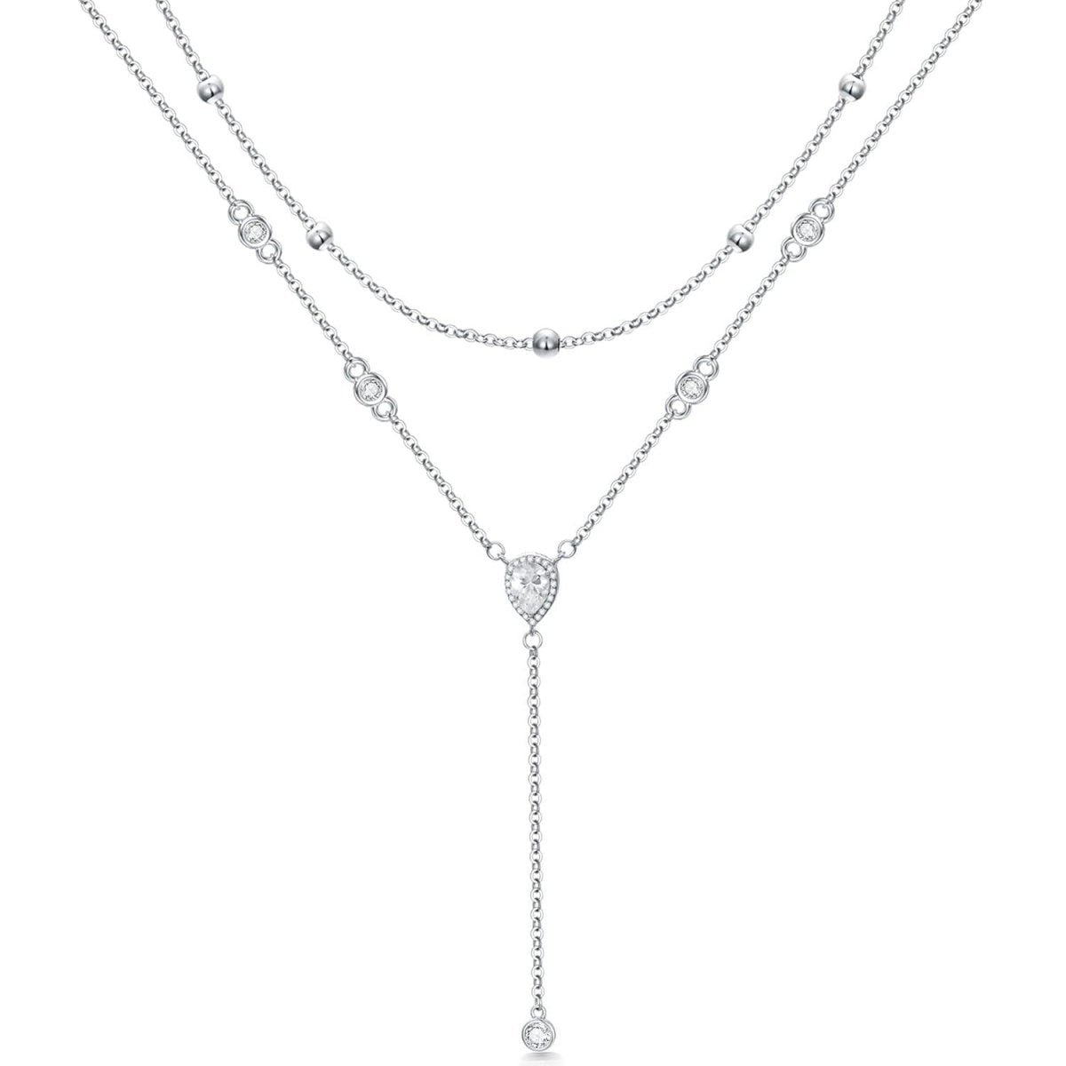 Elegant CZ Pear Double Chain Sterling Silver Y - Necklace - Yourstylesite