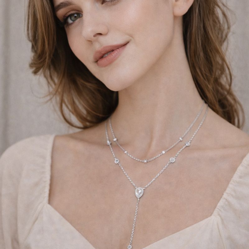 Elegant CZ Pear Double Chain Sterling Silver Y - Necklace - Yourstylesite