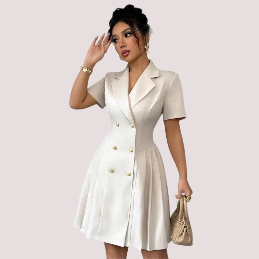 Elegant Double-Breasted Short Sleeve Waist Dress - Yourstylesite