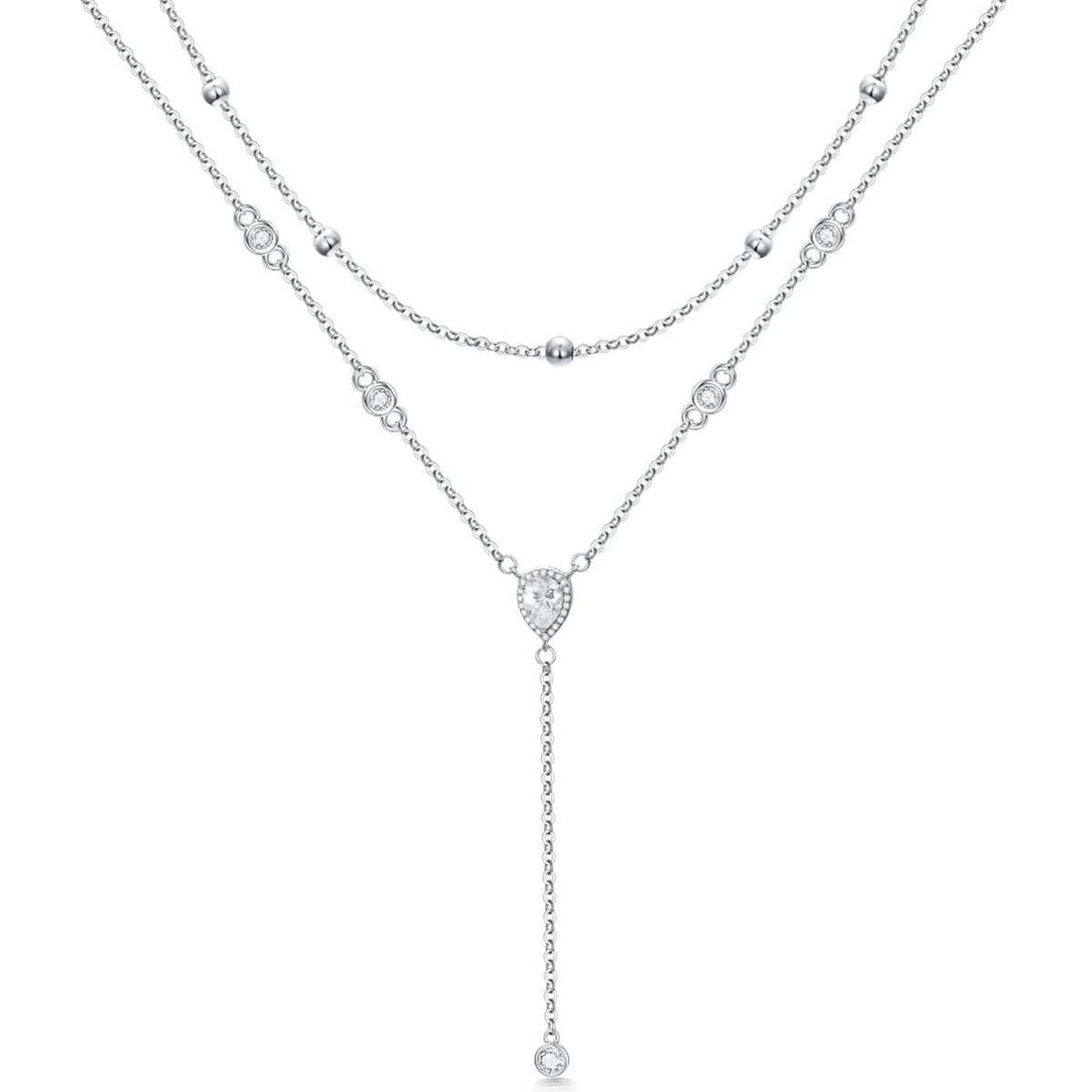 Elegant double chain sterling silver necklace with CZ pear drop