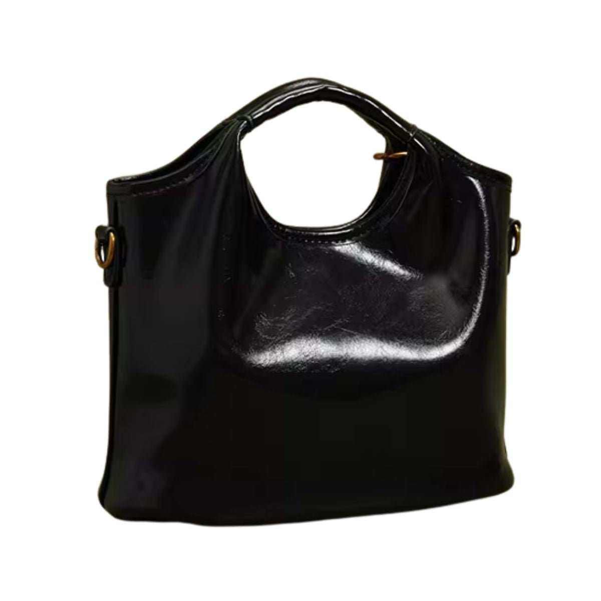 Elegant PU Leather Women’s Tote black with shiny smooth texture, soft handle, and minimalist vintage design