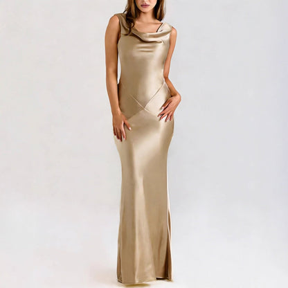 Elegant Satin Draped Collar Acetate Dress - Yourstylesite