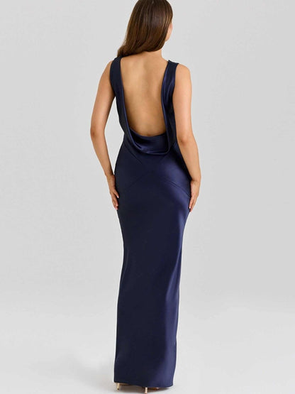 Elegant Satin Draped Collar Acetate Dress - Yourstylesite
