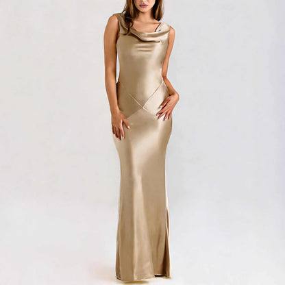 Elegant Satin Draped Collar long champagne satin dress with sleeveless design and a slim flattering silhouette