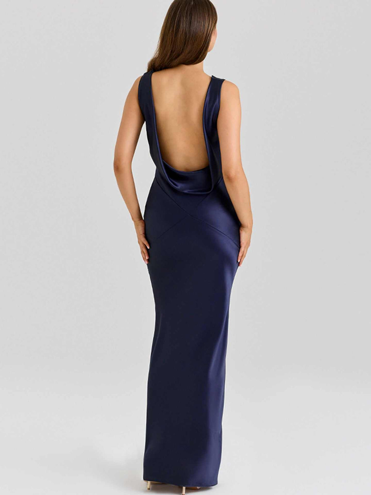 Elegant Satin Draped Collar dark blue sleeveless acetate dress with backless design and slim fit silhouette