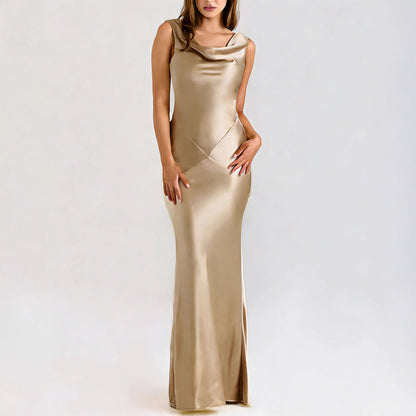 Elegant Satin Draped Collar gold satin sleeveless long dress with a draped neckline and slim fit