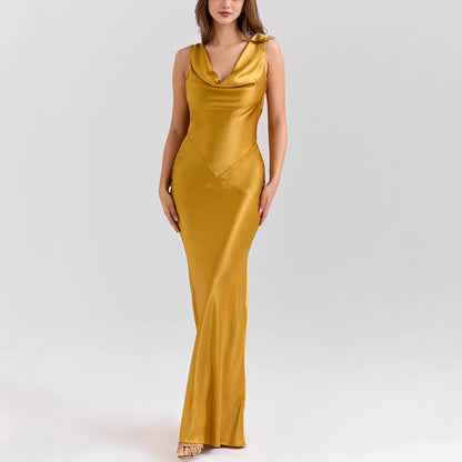 Elegant Satin Draped Collar gold satin sleeveless long dress with a draped collar and slim fit silhouette