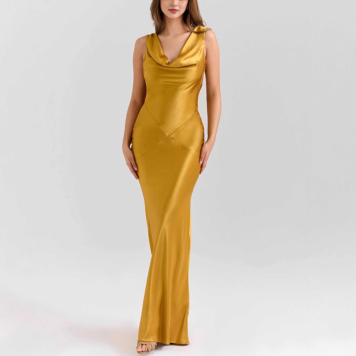 Elegant Satin Draped Collar gold yellow sleeveless acetate satin long dress with draped collar and slimming fit