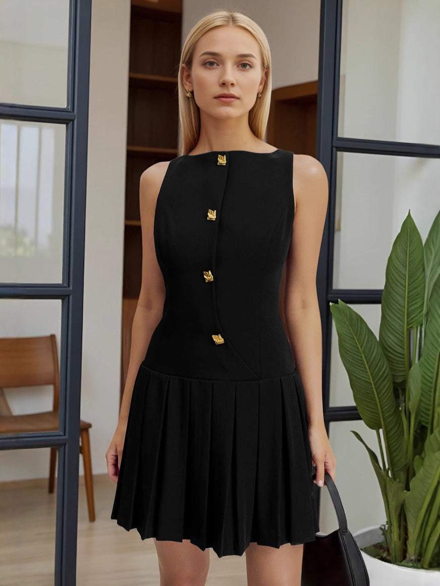 Elegant Sleeveless Pleated Shift Dress - Yourstylesite