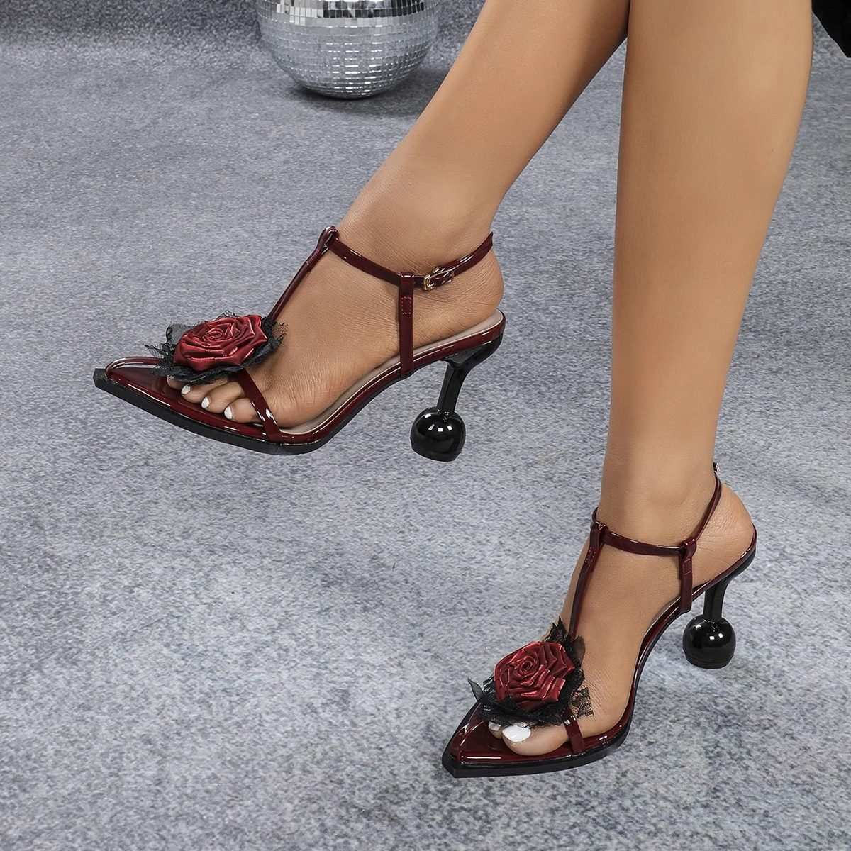 Elegant burgundy floral lace high heel sandals for women