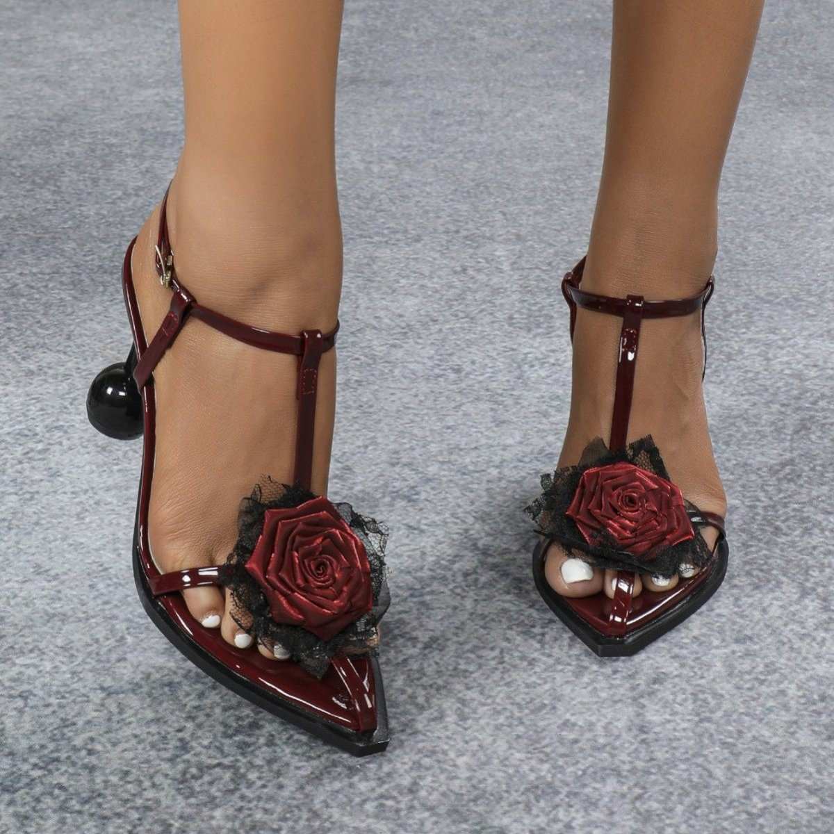 Burgundy floral lace high heel sandals with square toe and 8cm heel