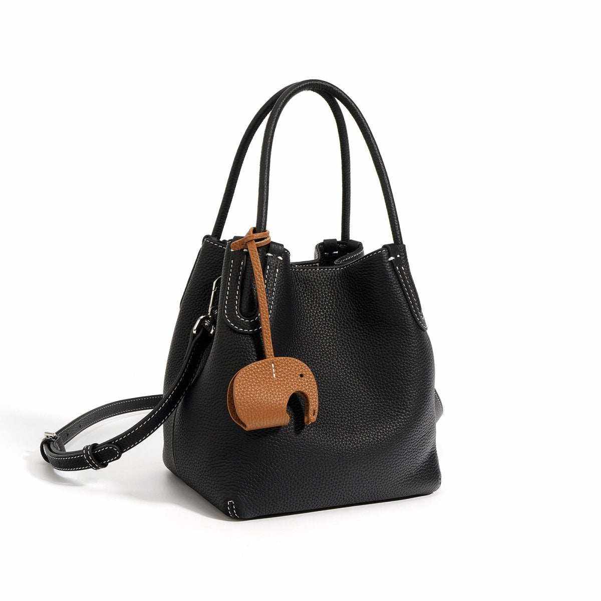 Genuine leather crossbody handbag with sleek bucket silhouette